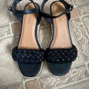 Women’s Sz 8.5 Black Weave Strap Buckle Platform Sandals Wedges Shoes Grunge